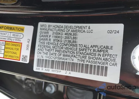 2024 Honda Accord Hybrid Sport z USA, uszkodzony, nr VIN 1HGCY2F59RA041174